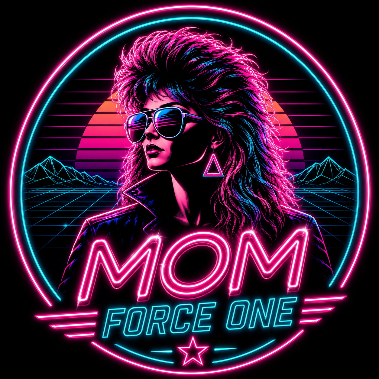 Mom Force One neon logo: woman with big 80s hair and shades against a retrowave sunset