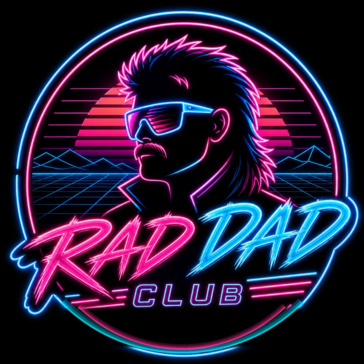 Rad Dad Club neon logo: man in shades with a mullet against a retrowave sunset